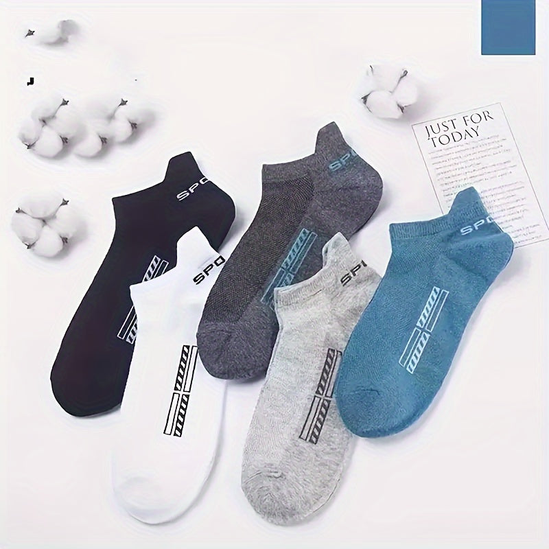 Unisex Alphabet Pattern Athletic Ankle Socks 5 Pairs Breathable Mesh Polyester