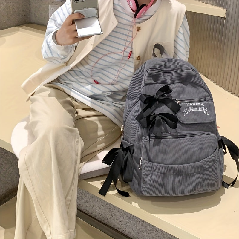 Ayollar uchun 1 dona korduroy bowknot ruksak, shirin uslub, chiziqli dizayn, sozlanadigan yelka tasmalari, noutbuk bo'limi, zip yopilishi, polyester astar, qo'l yuvish/quruq tozalash - Kundalik tasodifiy