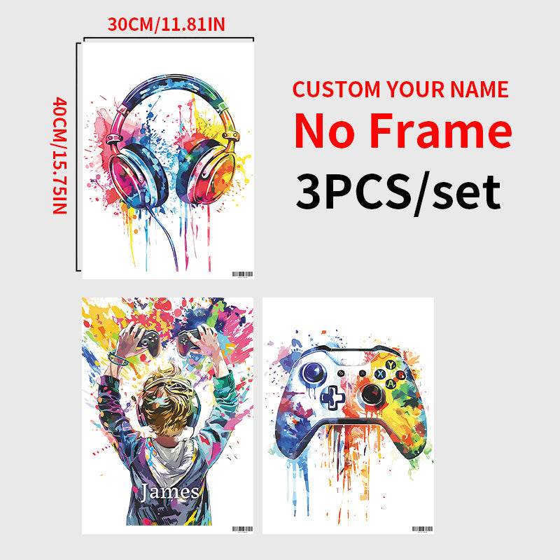 Bolalar xonasi uchun turli ranglarda 3 ta gamer devor san'ati kanvas chop etishlarining moslashtirilgan to'plami