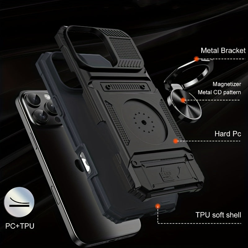 Heavy Duty Phone Case with Metal Stand and Card Slot for iPhone 16 Pro Max 15 Pro Max 14 Pro Max