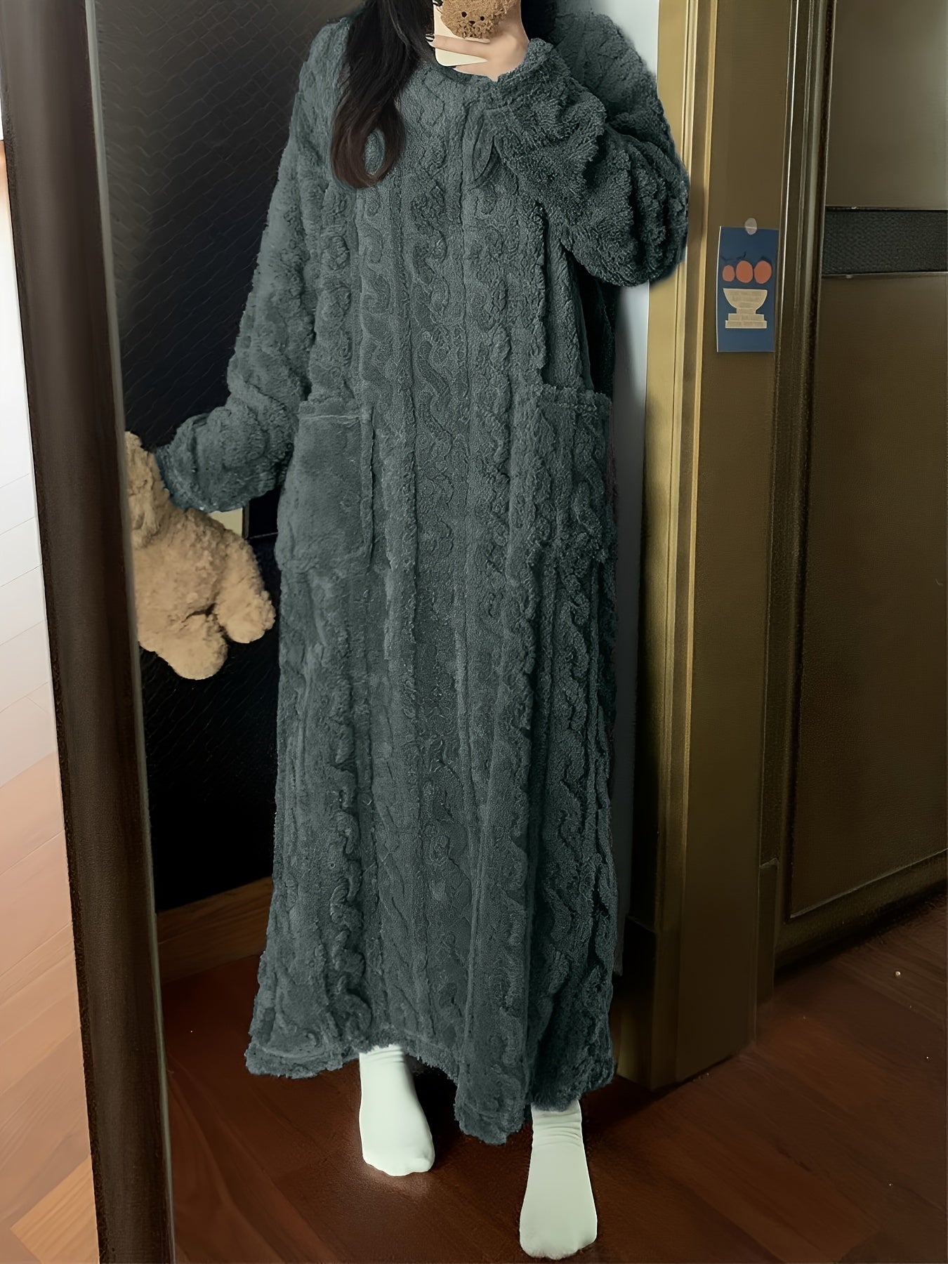 Women's Fleece-Lined Long Sleeve Nightgown with Cable Knit Texture for Fall Winter