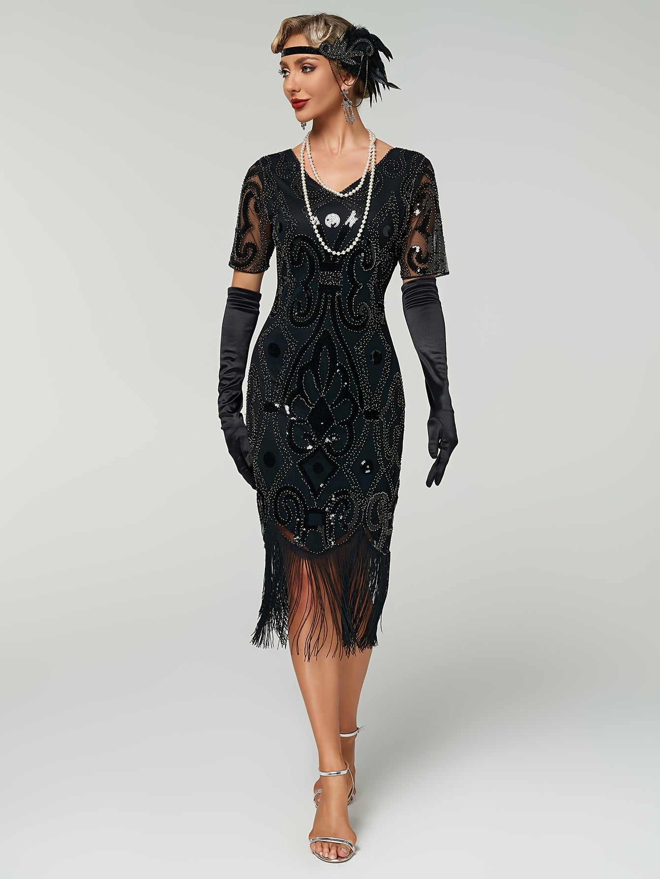 Plus Size 1920s Sequin Gatsby Party Dress Short Sleeve Evening Gown