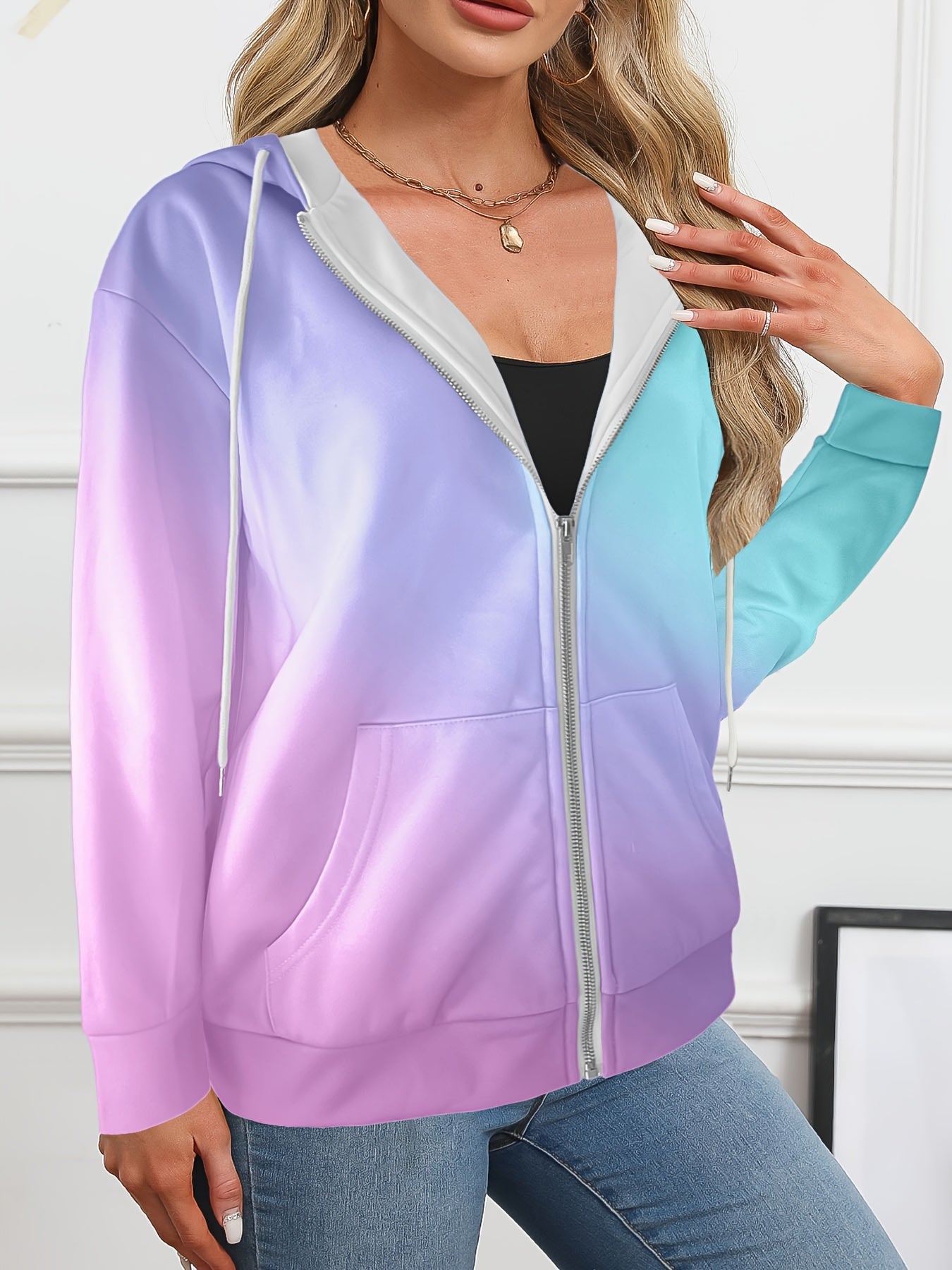 Women's Plus Size Ombre 3D Digital Print Zip-Up Hoodie Polyester Knit Long Sleeve Pullover Casual Jacket