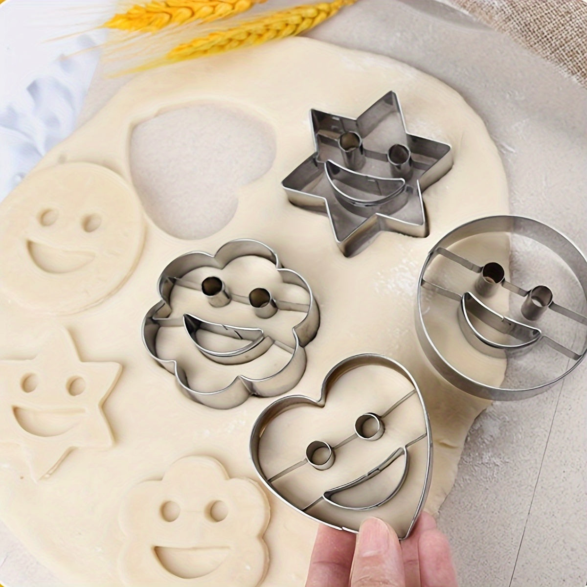 Set of 4 Stainless Steel Cookie Cutters Happy Face and Holiday Shapes for Baking