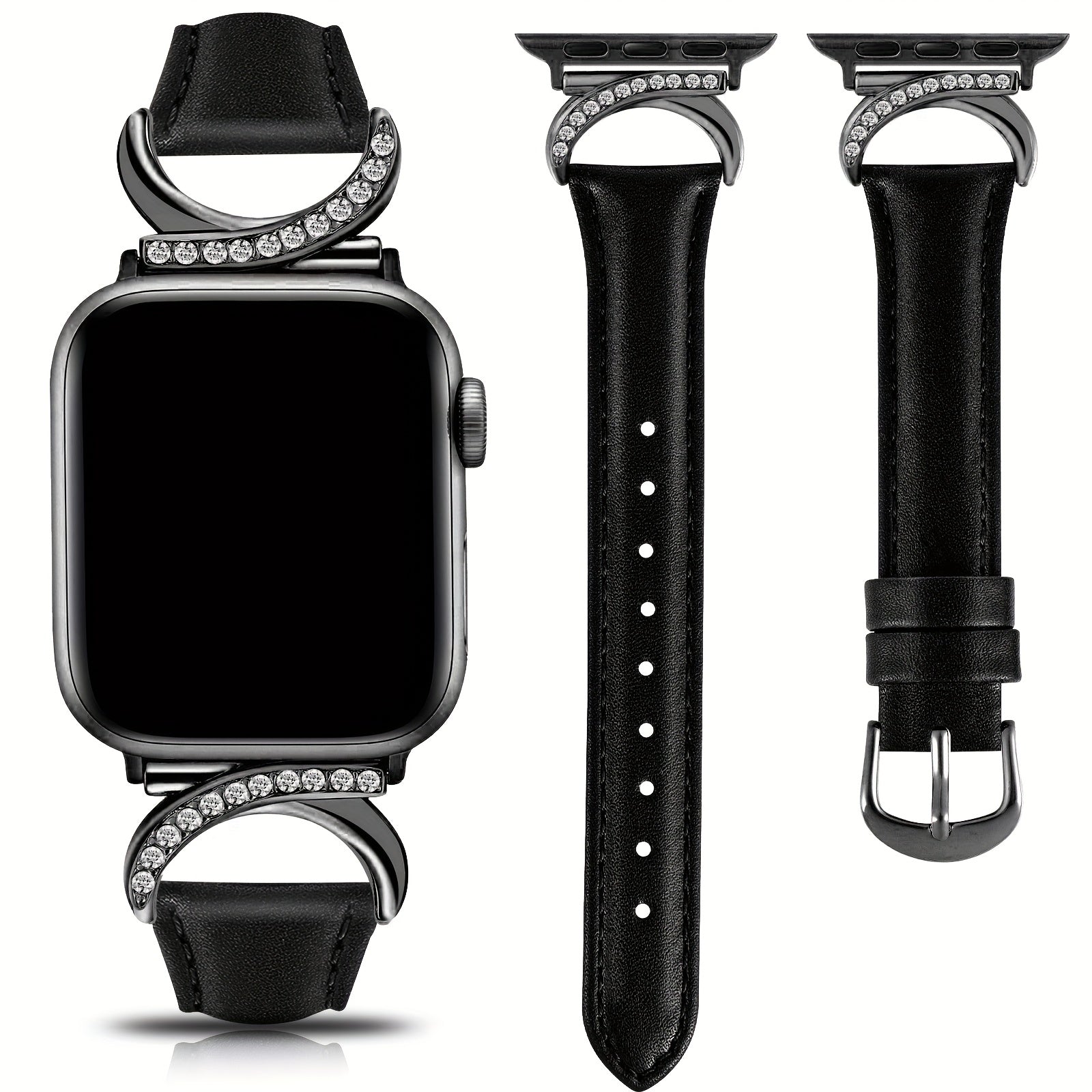 Women's Ultra-Thin Calfskin Watch Strap for Apple Watch Series 1-9 38mm-49mm Rhinestone Design