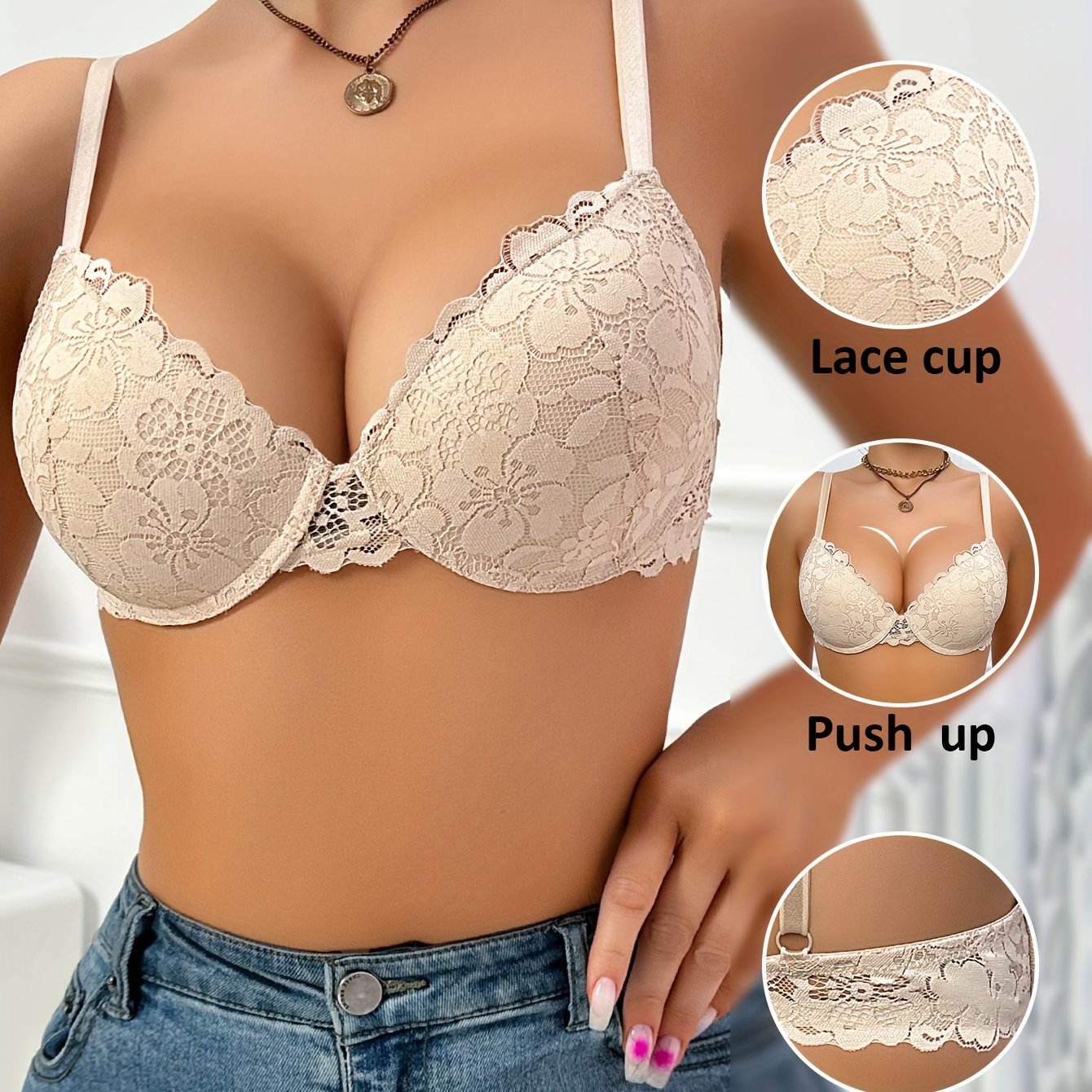 Lace Push-Up Bra Underwire Support Non-Removable Pads Nylon Elastane Hand Wash