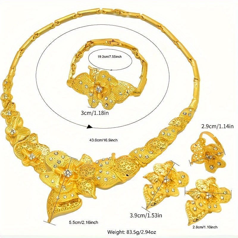 Gold Plated Hollow Flower Jewelry Set for Weddings and Parties Necklace Earrings Ring Bracelet