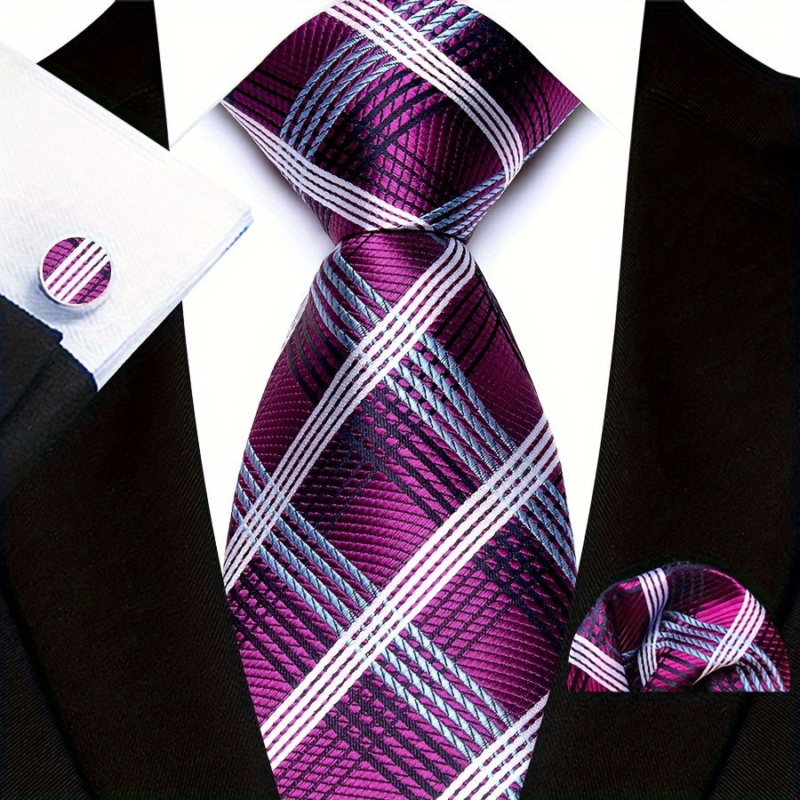 Men's Plaid Pattern Tie Pocket Scarf Cuff Set for Suits Gift