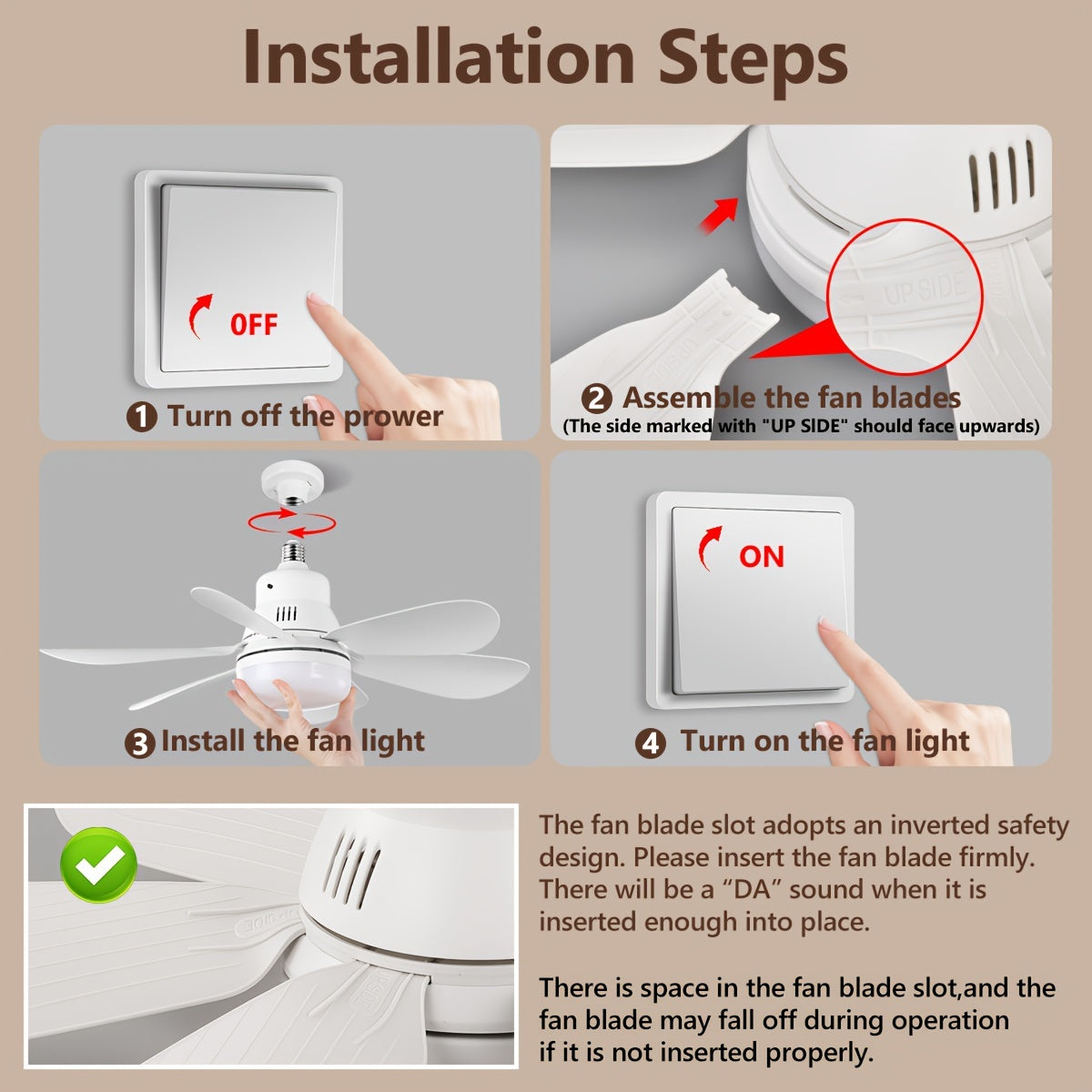 Smart Ceiling Fan with Lamp Remote Control Dimmable E26/E27 Socket for Bathroom Bedroom Kitchen Living Room