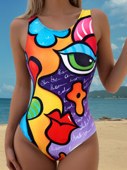 Colorful Abstract Face Print One-Piece Swimsuit for Women High-Stretch Polyester Removable Pads