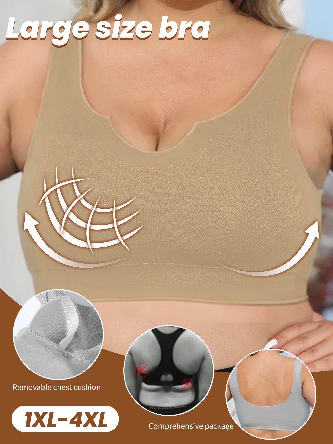 Women's Plus Size Seamless Breathable Sports Bra with Removable Cushions Black 1XL-4XL