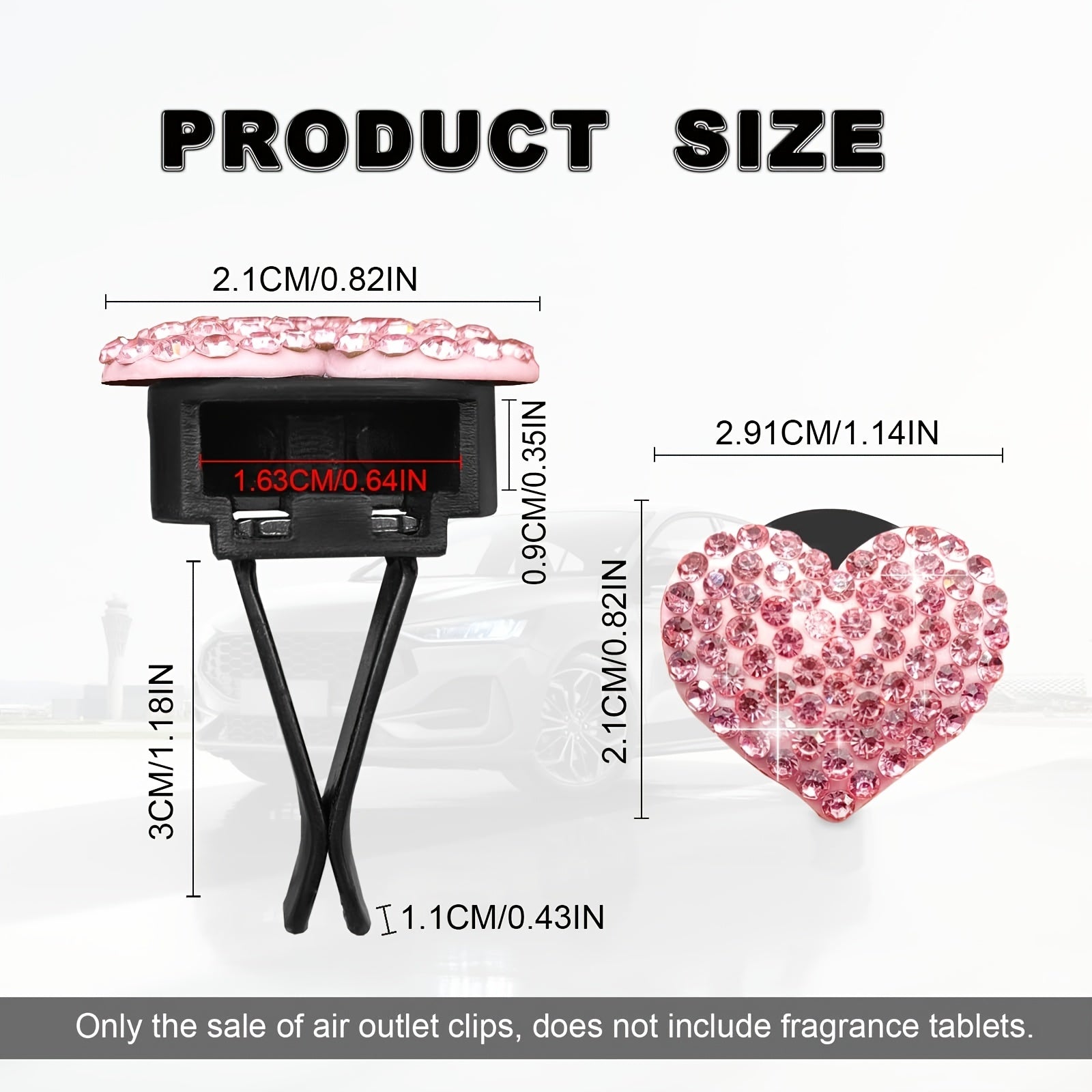 2PCS Clips de difusor de aroma para coche en forma de corazón de cristal, accesorios decorativos para coche