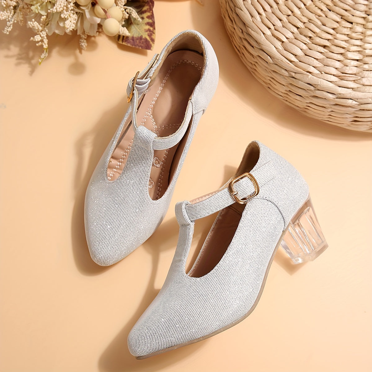 Girls High Heeled Shoes Spring Autumn Embroidered Flower Glitter PVC Pointed Toe