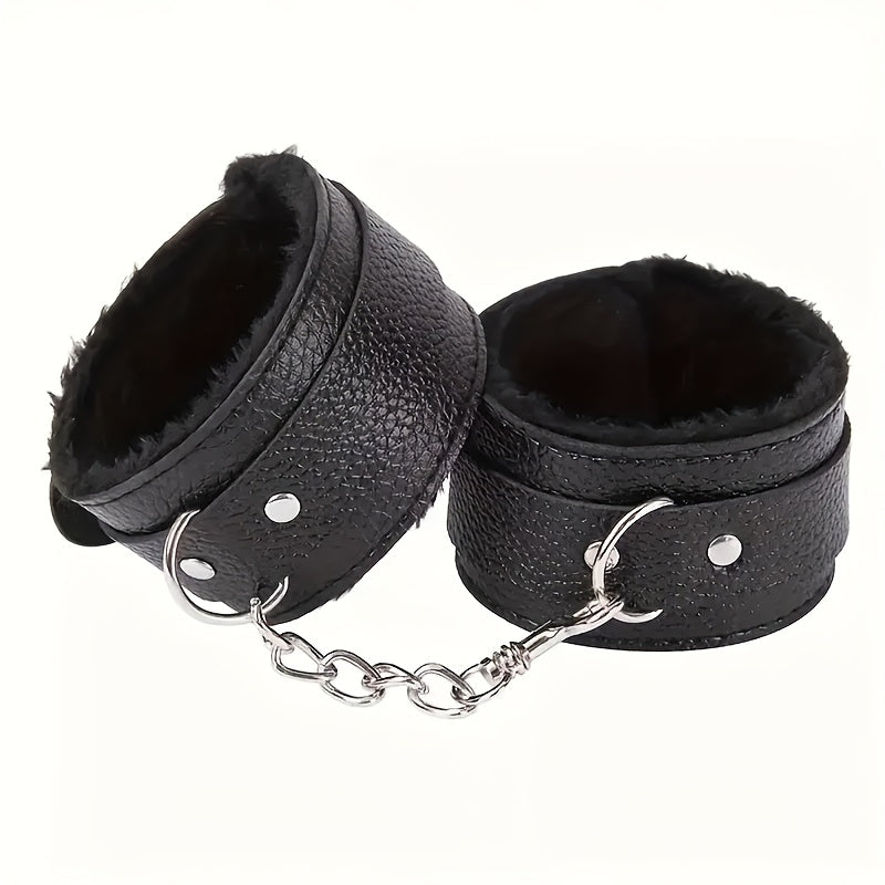 Adult Unisex PVC Leather Plush Handcuffs Adjustable Chain Restraint