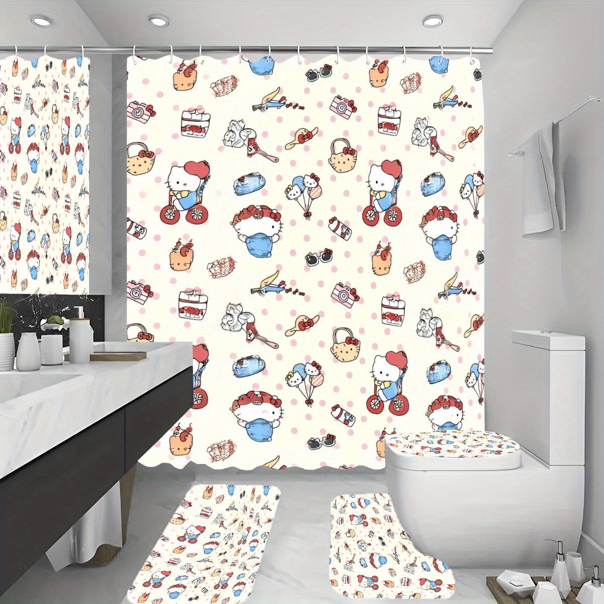 Hello Kitty Bathroom Decor Set 4pcs Waterproof Shower Curtain Rug Toilet Seat Cover