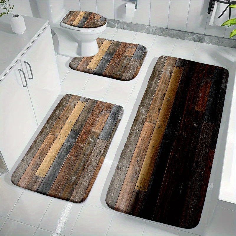 Juego de 4 alfombrillas de baño de terciopelo antideslizantes con patrones de hoja, flor, ola y madera, incluyendo alfombra y funda para inodoro