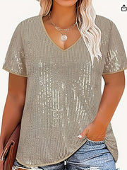 Plus Size Sequin V-Neck Blouse in Gold Yellow Polyester Short Sleeve Elegant