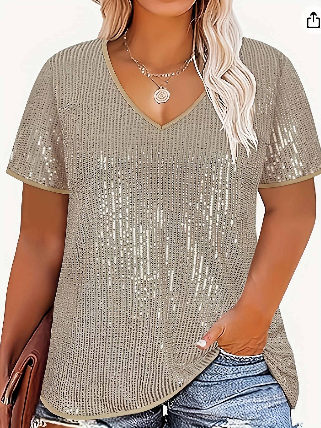 Plus Size Sequin V-Neck Blouse in Gold Yellow Polyester Short Sleeve Elegant
