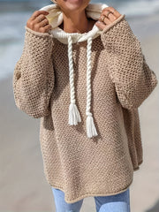 Plus Size Women's Beige Hooded Sweater with Tassel Detail Long Sleeve Pullover for Fall Winter