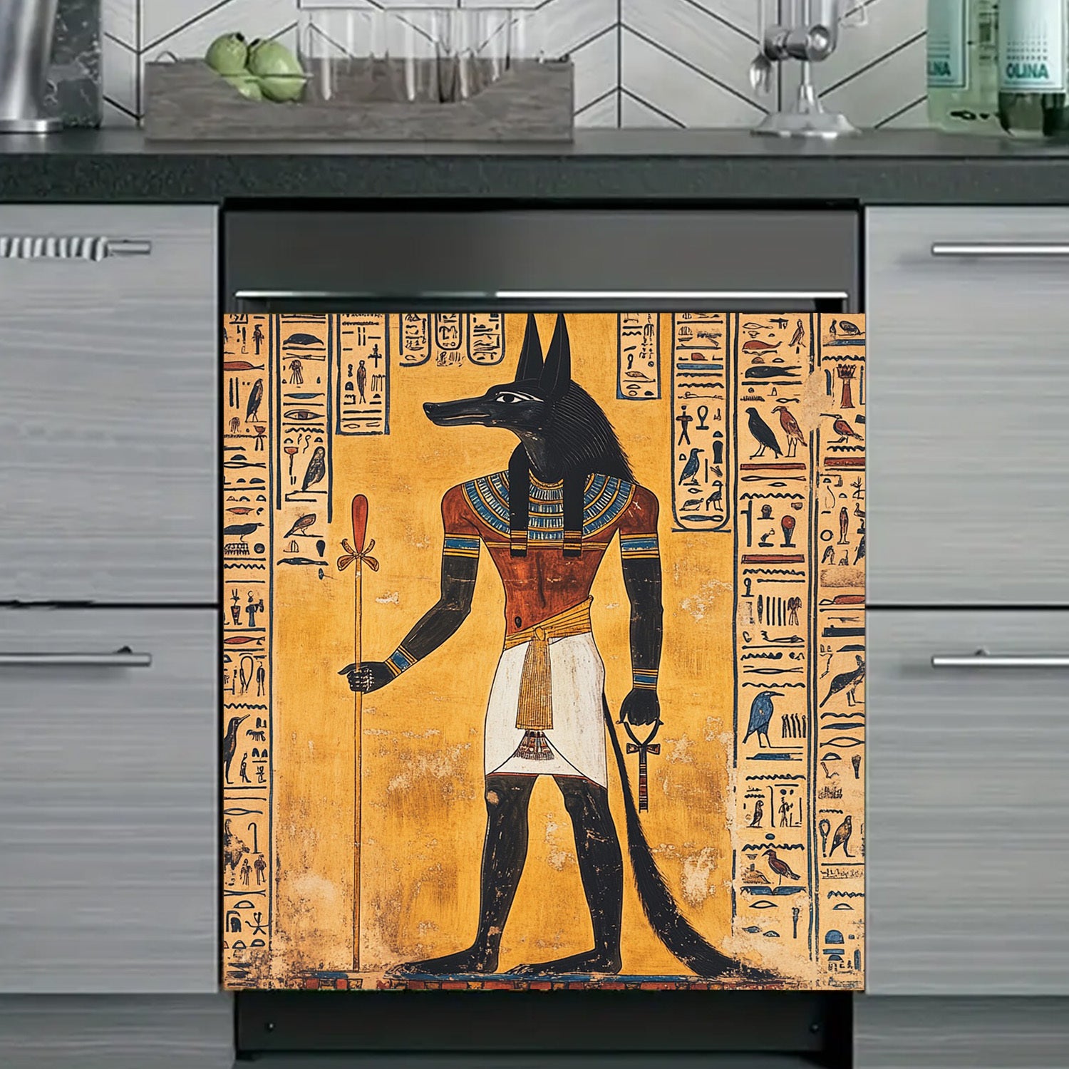 1 Ану́бис — египетский бог, магнит на стену, сделанный из водонепроницаемой и термостойкой панели из ПВХ с металлическим покрытием. Отличается иероглифическим дизайном и декоративным магнитным стикером для украшения кухни.