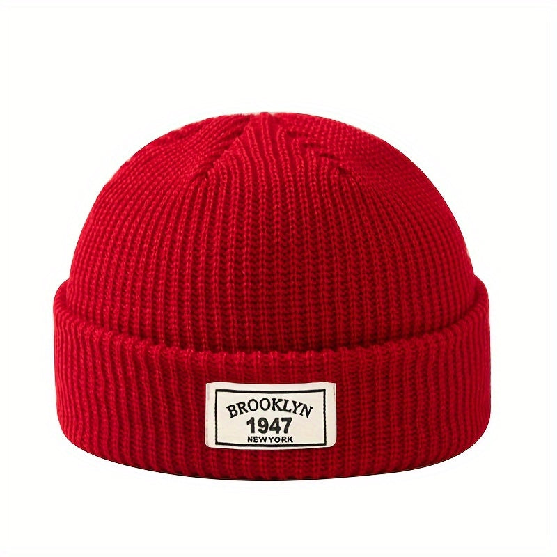 Gorro de punto para hombre, gorro cálido y elástico de invierno con parche de letras para ocio activo y regalos en vacaciones