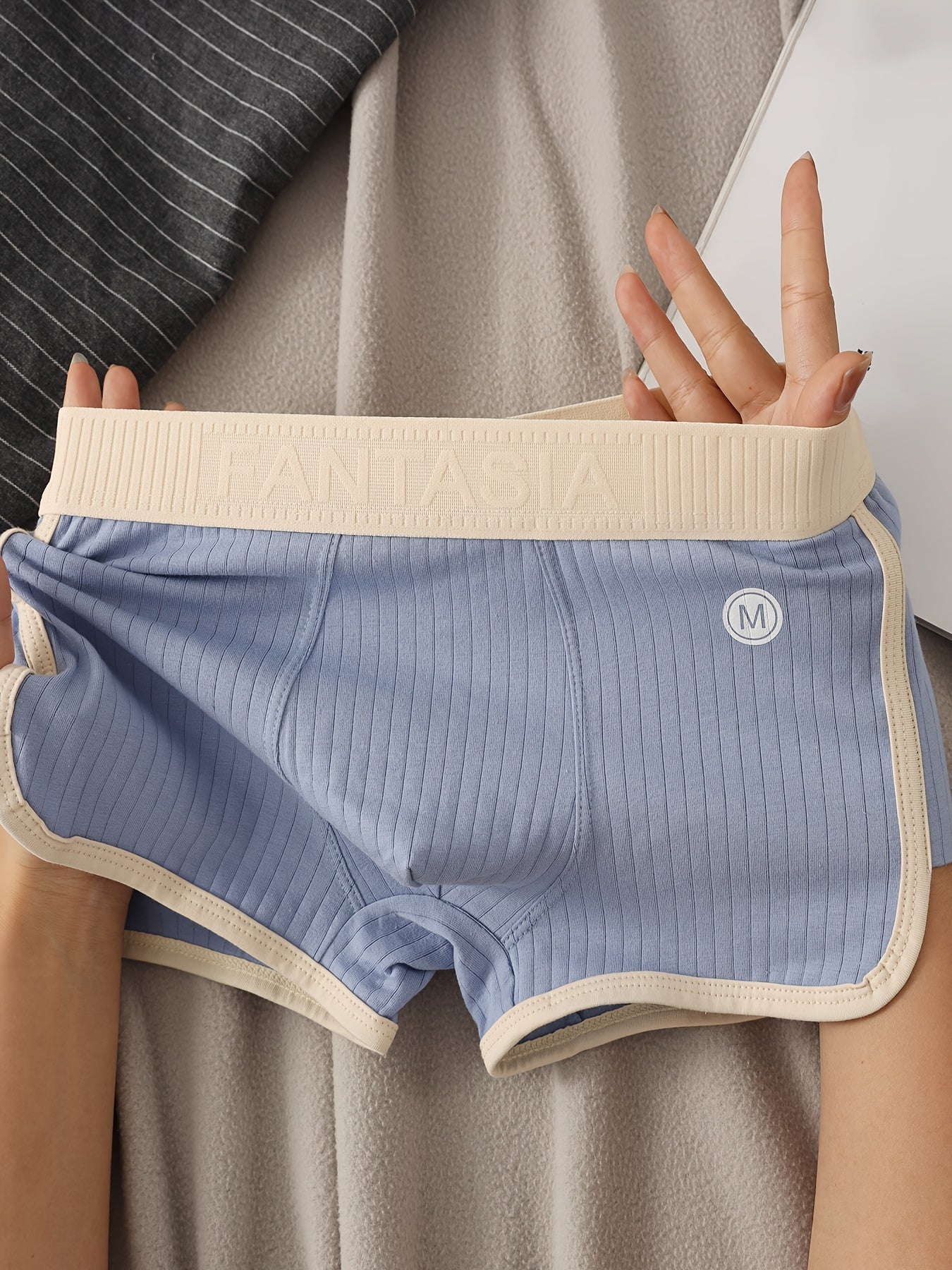 Men's Ribbed Cotton Boxer Briefs 3-Pack Geometric Pattern Knit Medium Stretch Shortie Underwear