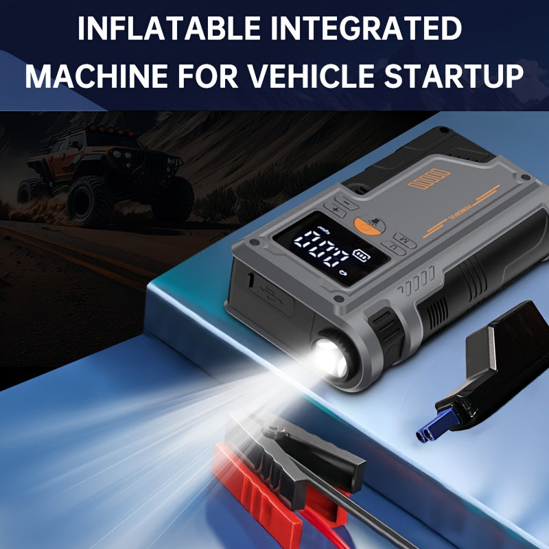 Portable Tire Inflator and Car Jump Starter with Lithium Battery and One-Click Air Pump