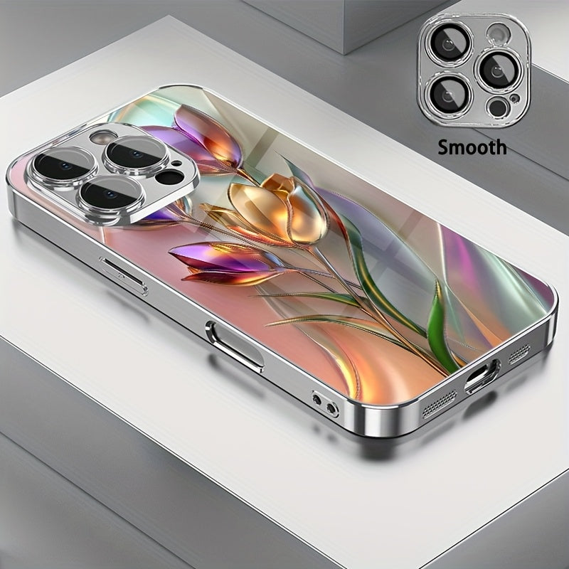 Funda de teléfono de vidrio con patrón de tulipán 3D colorido y protección para lente para modelos de iPhone, protección contra caídas, vidrio templado