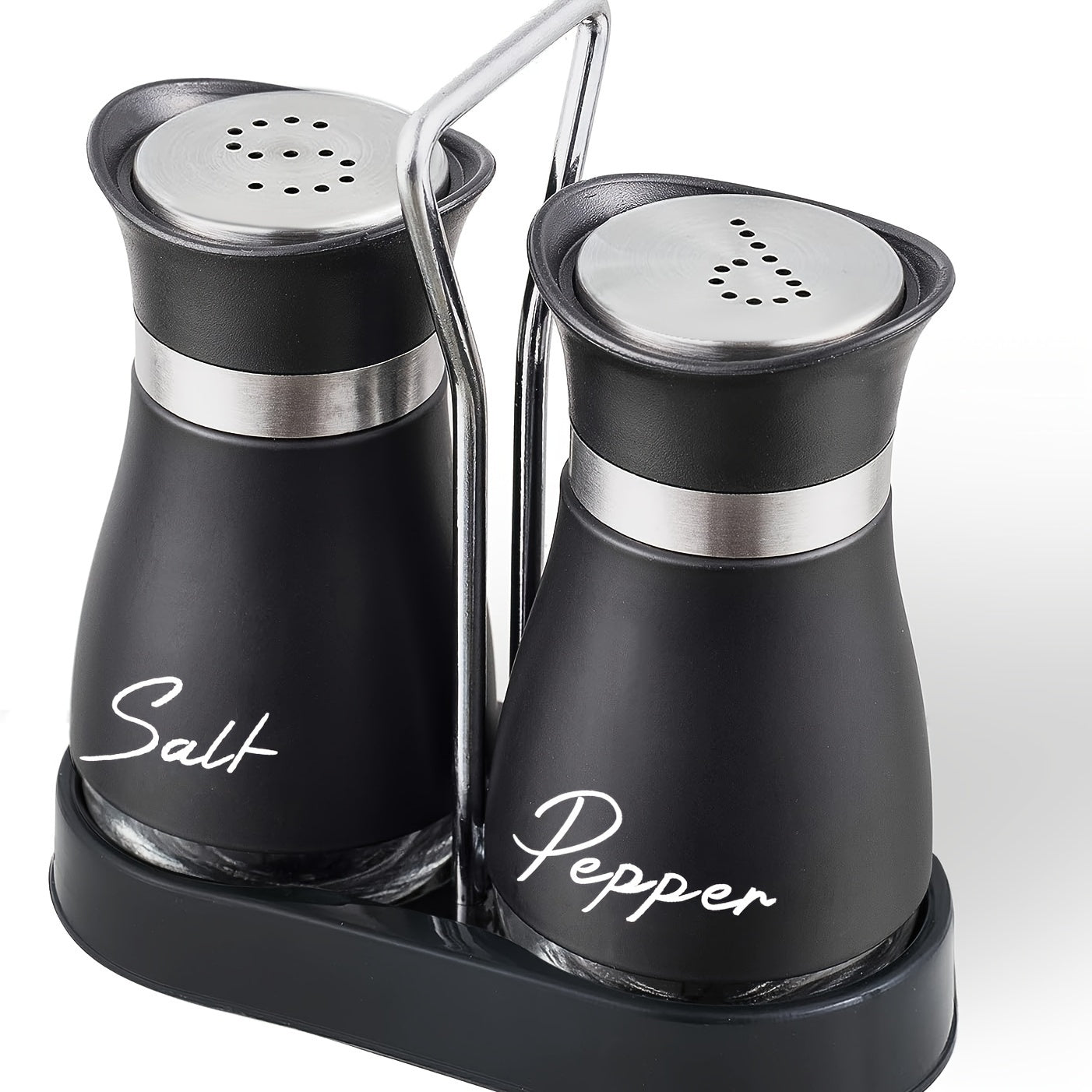Set of 2 Glass Salt and Pepper Shakers with Holder, 4 oz Refillable Stainless Steel Lids