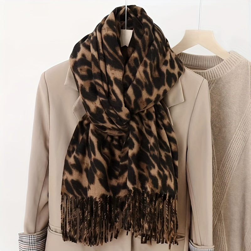 Leopard Print Faux Fur Scarf for Women Winter Cashmere Feel Tassels Warm Accessory