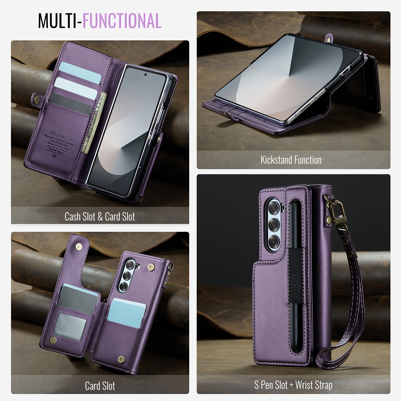 Galaxy Z Fold 6 Faux Leather Wallet Case with RFID Blocking Holder Pen Slot Wrist Strap