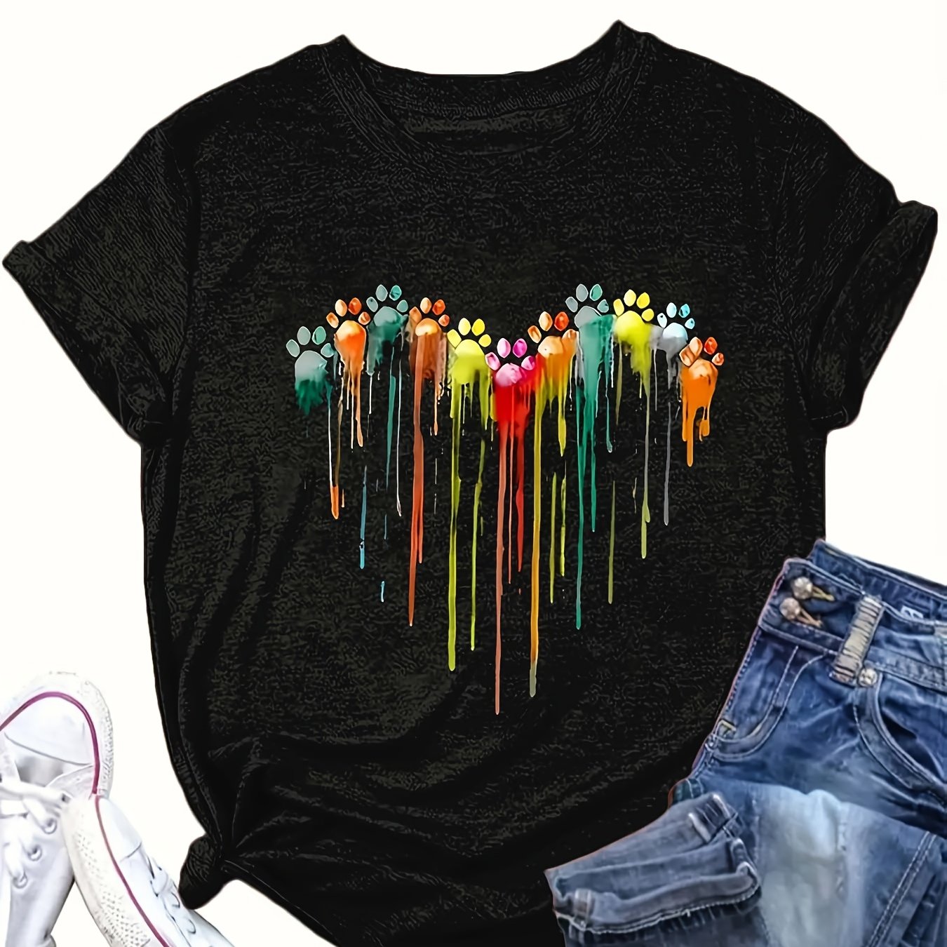 Plus Size Women's Casual T-Shirt Red Heart Footprint Oil Drip Soft Relaxed Fit