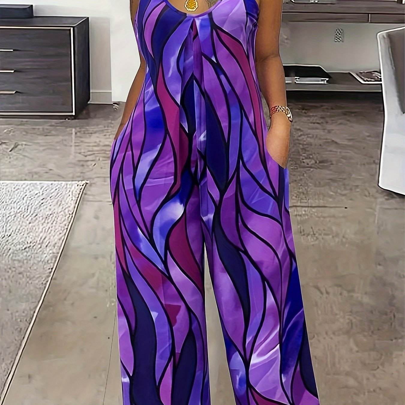 Plus Size Sleeveless Print Jumpsuit with Pockets for Women