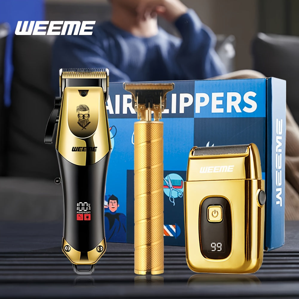 Men's Grooming Set Golden Hair Clipper Razor Trimmer USB Rechargeable LCD Display Gift