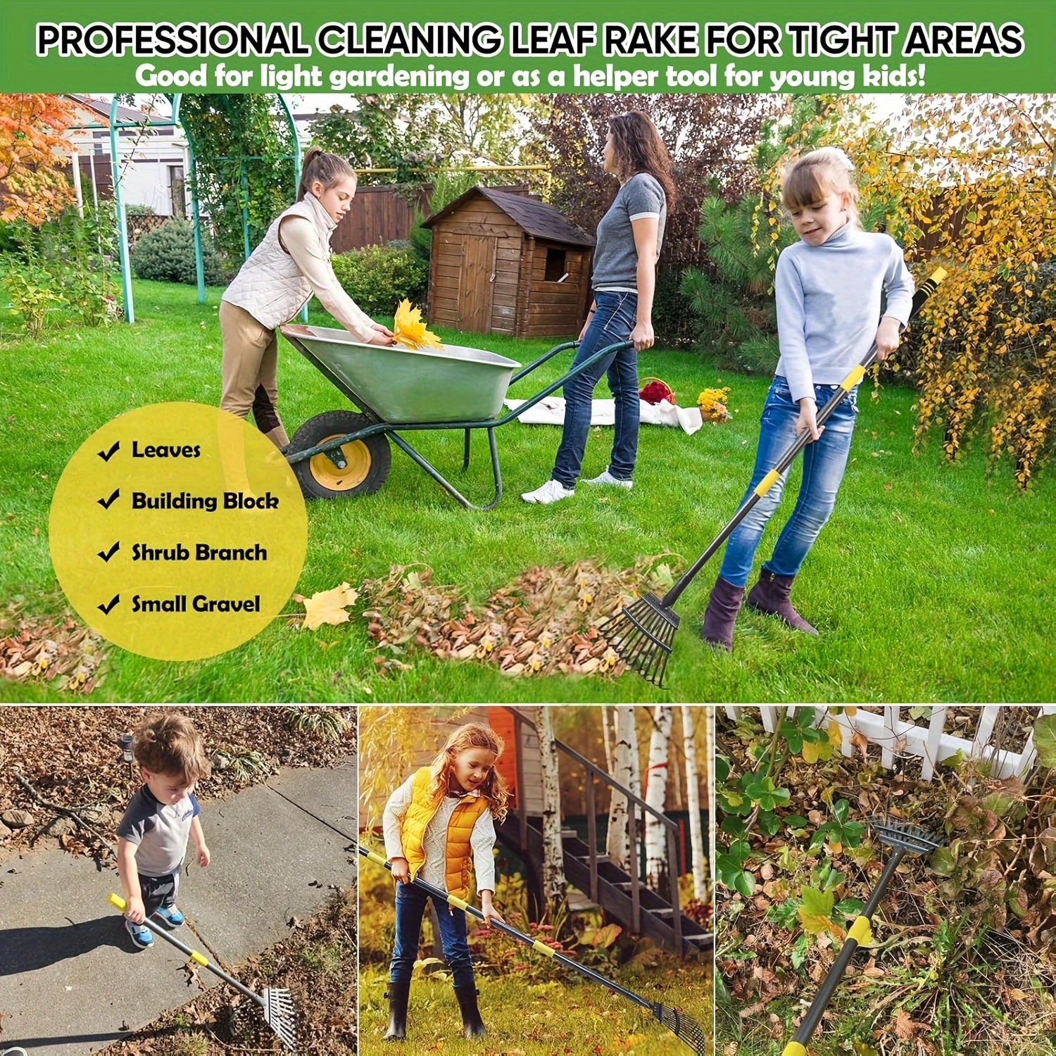 Heavy Duty Garden Leaf Rake 182.88cm with 11 Metal Tines Adjustable Steel Handle