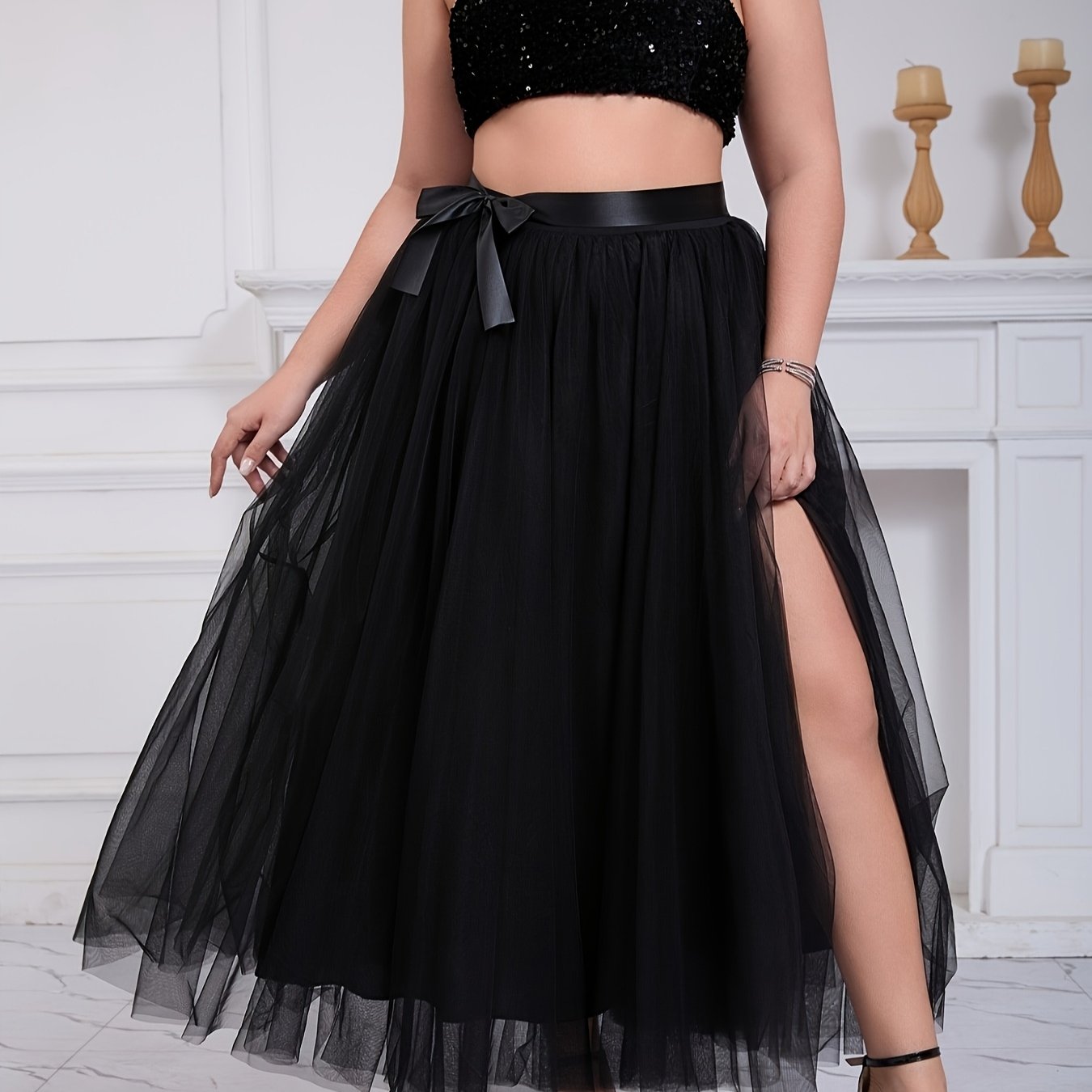 Plus Size Women's Elegant Black Tulle A-Line Skirt With Slit for Formal Wear