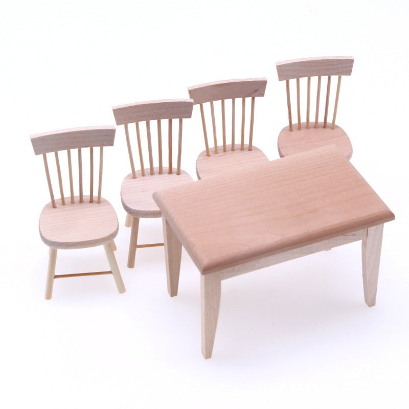 Set of 5 Miniature Wooden Dining Furniture 1:12 Scale Natural Finish for DIY Decor
