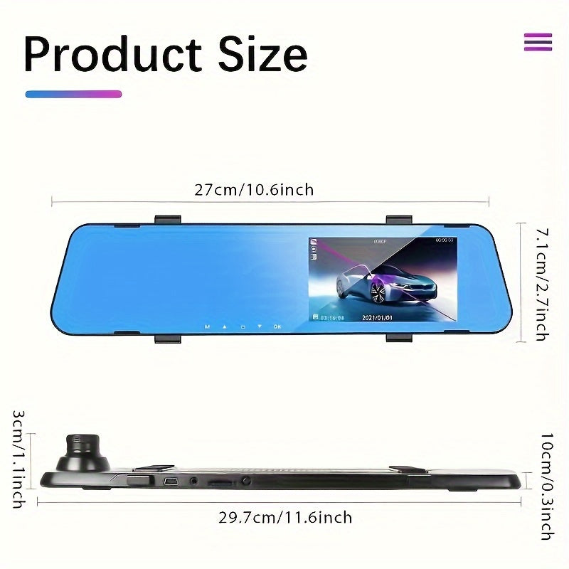 Cámara de tablero para coche en HD 1080P con doble lente, visión nocturna y espejo retrovisor antirreflejos