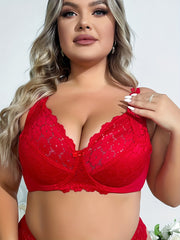 Plus Size Lace Bralette Underwire No Padding Solid Color Contrast Lace Medium Stretch