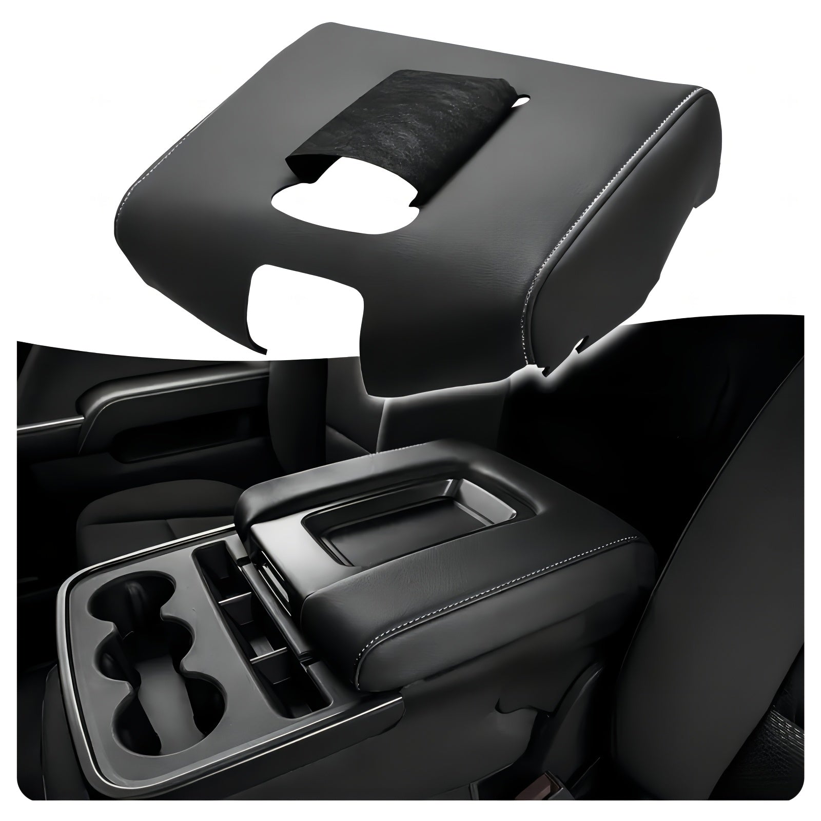 Car Center Console Armrest Cover Black PU Leather Replacement for Pickup Trucks