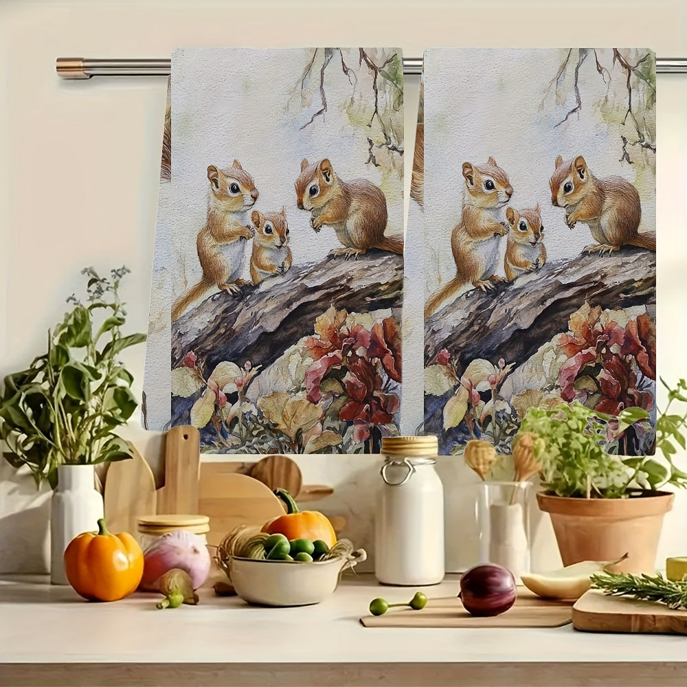 Coastal Style Chipmunk Kitchen Towels, 2 Pieces, Absorbent Polyester, 40x60 cm