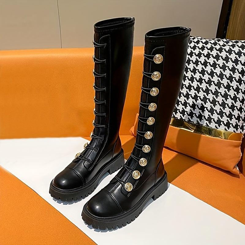 Women's Black Faux Leather Round Toe Combat Boots Lace-Up All-Season