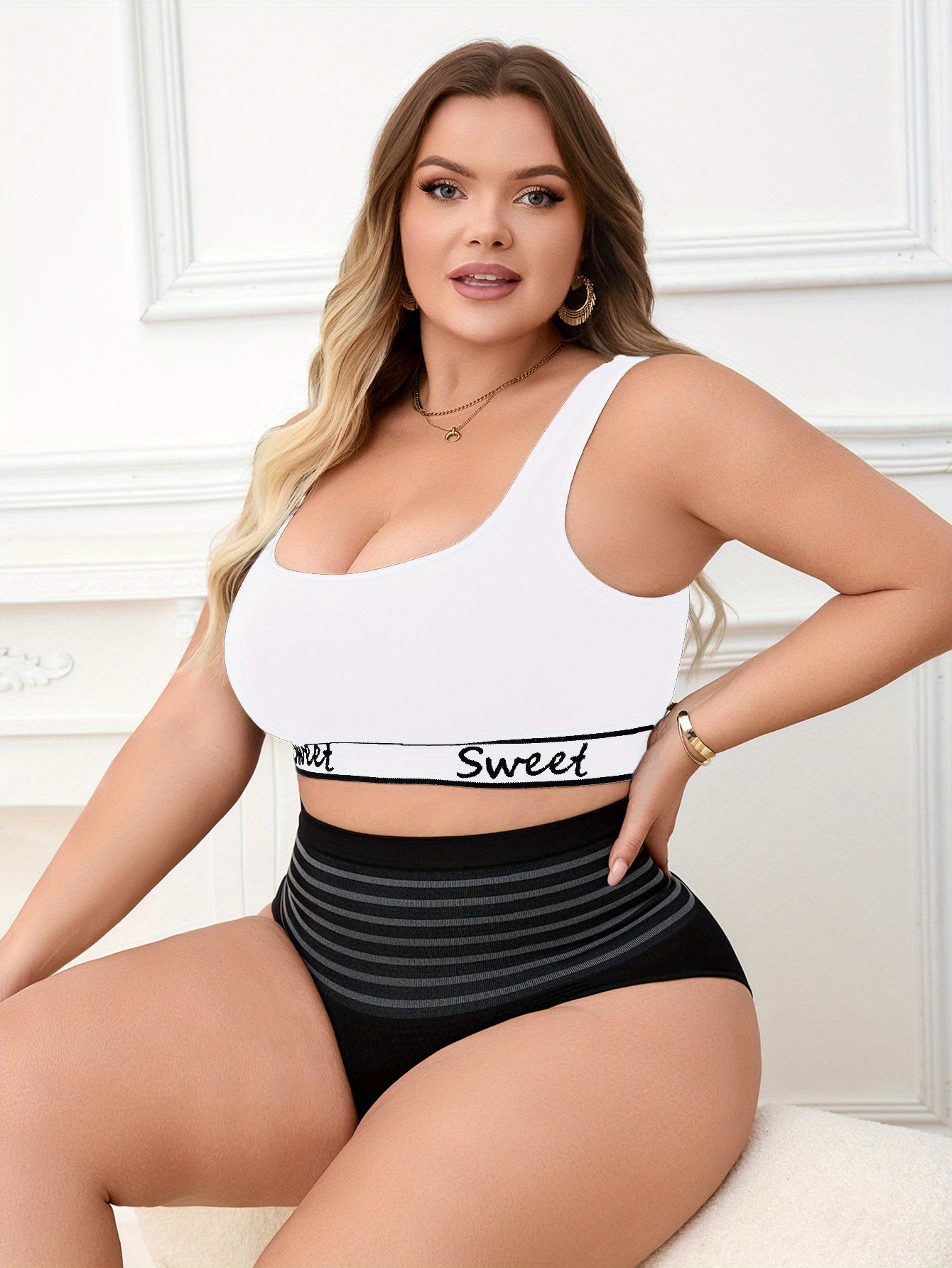Women's Plus Size Seamless Yoga Set Wireless Breathable Sports Bra High-Waist Shaping Panties