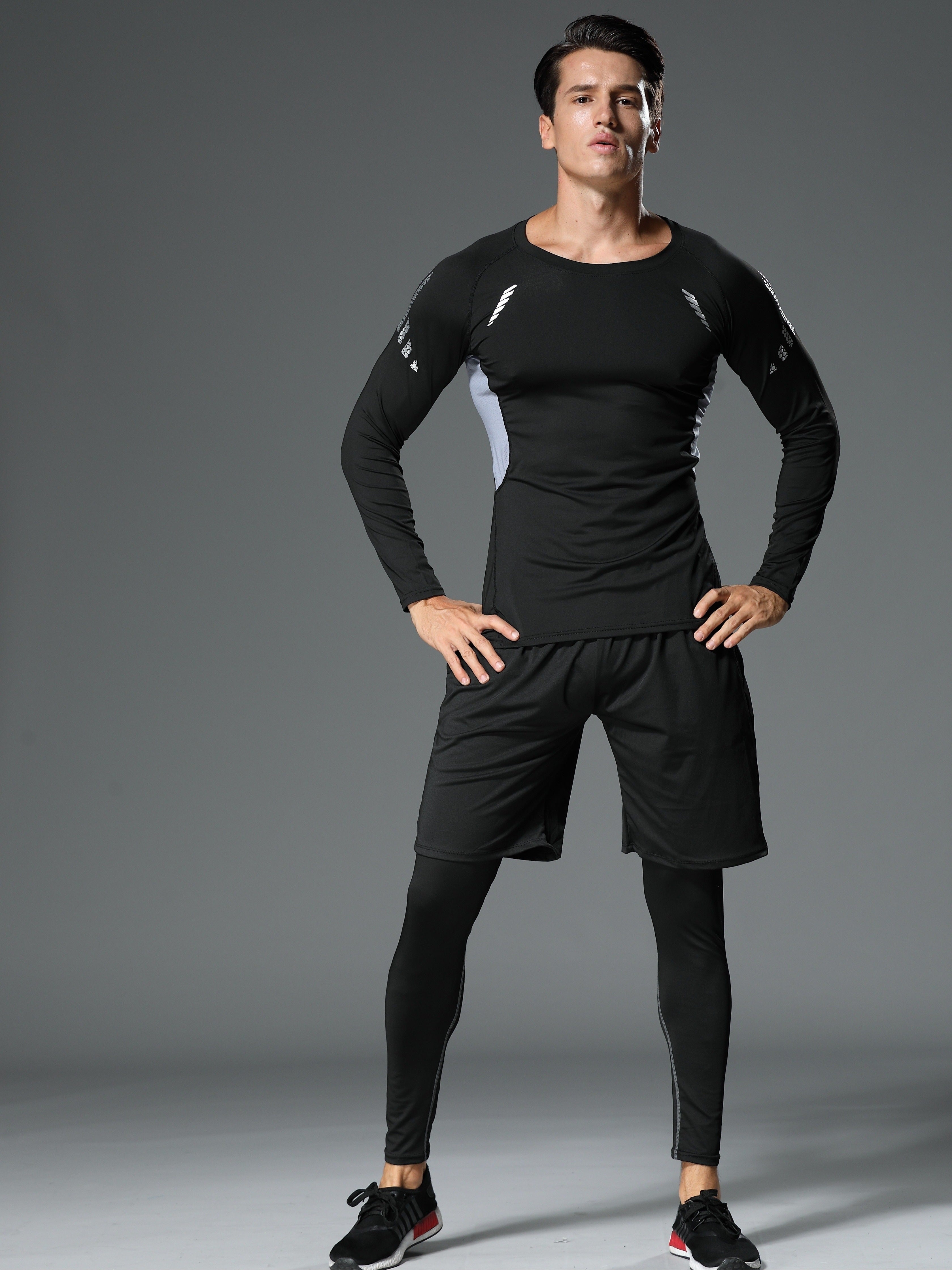 Men's Athletic Set Quick-Dry Polyester Crew Neck Top and Leggings for Running Training and Sports