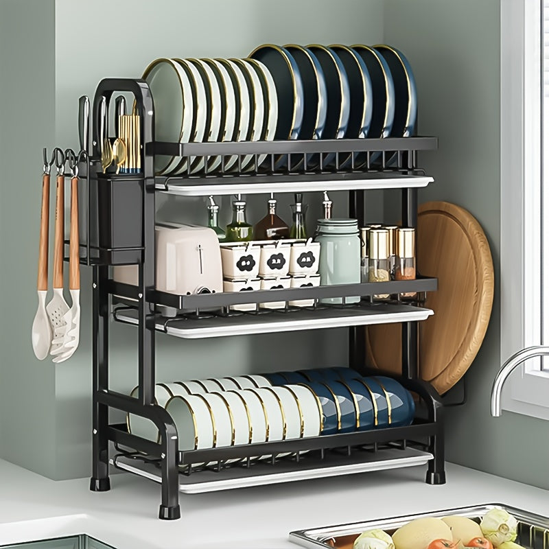 Modern 3-Tier Metal Dish Rack with Drainboard Utensil Holder and Cup Stand