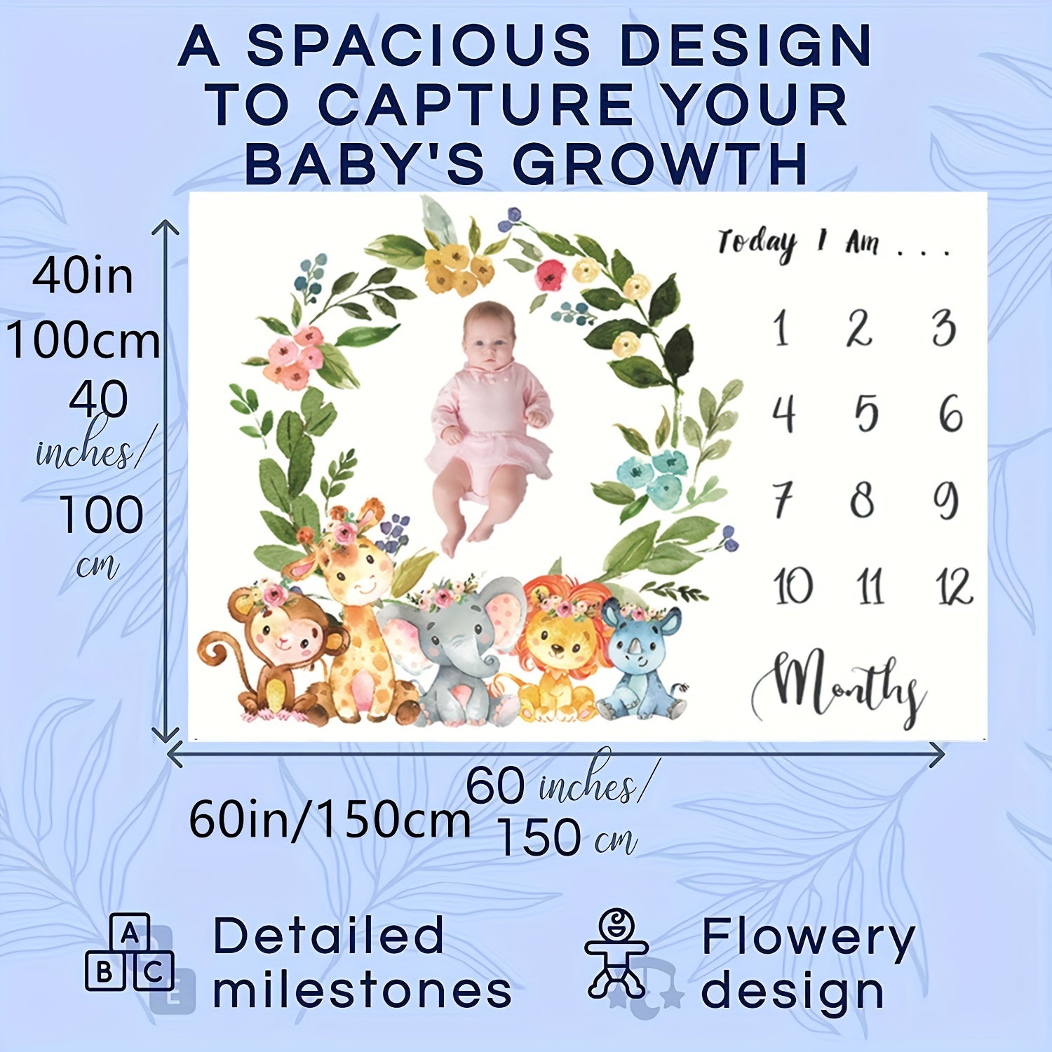 Baby Girl Milestone Blanket with Felt Frame Animals and Flower Design for Newborns