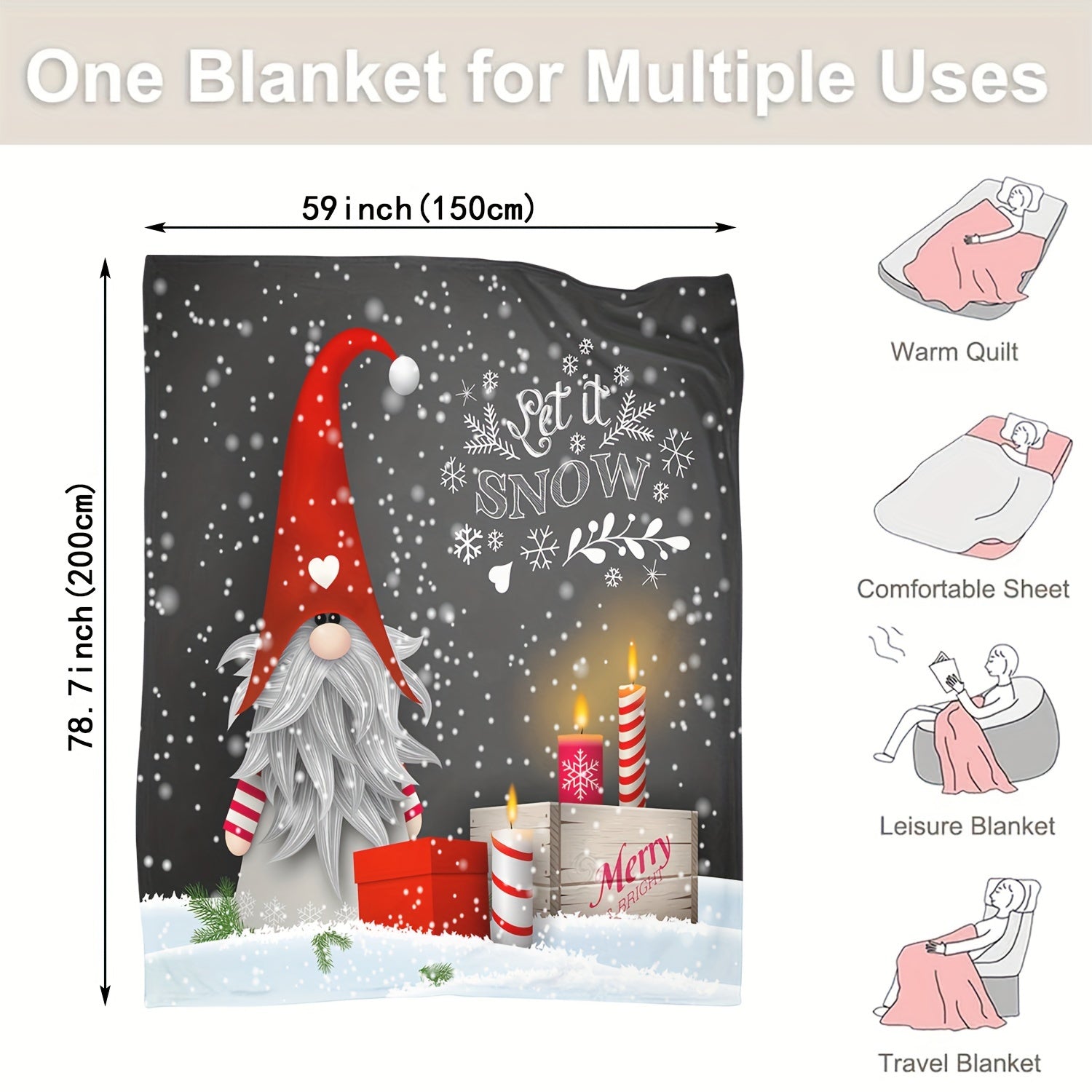 Christmas Gnome Print Flannel Blanket Lightweight Knit for Home and Gifting