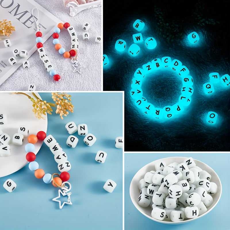 Set of 26 Glow-in-the-Dark Silicone Cube Beads for Jewelry and Crafts Includes Alphabet and Number Dice