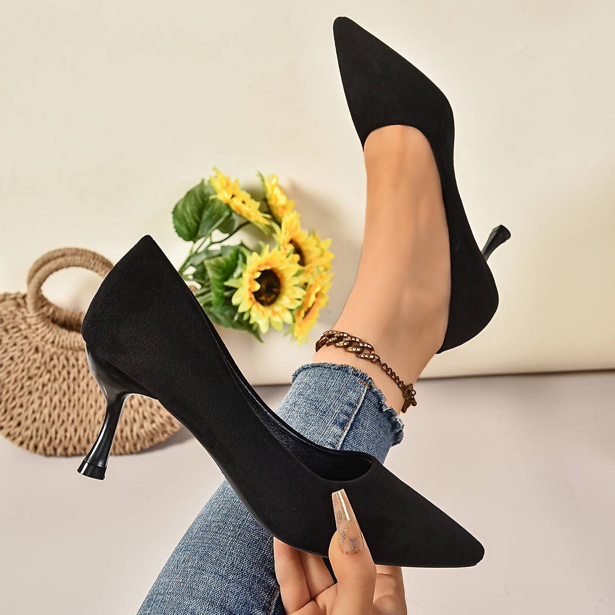 Women's Black Stiletto Heels Leather Elegant Comfortable Work Shoes