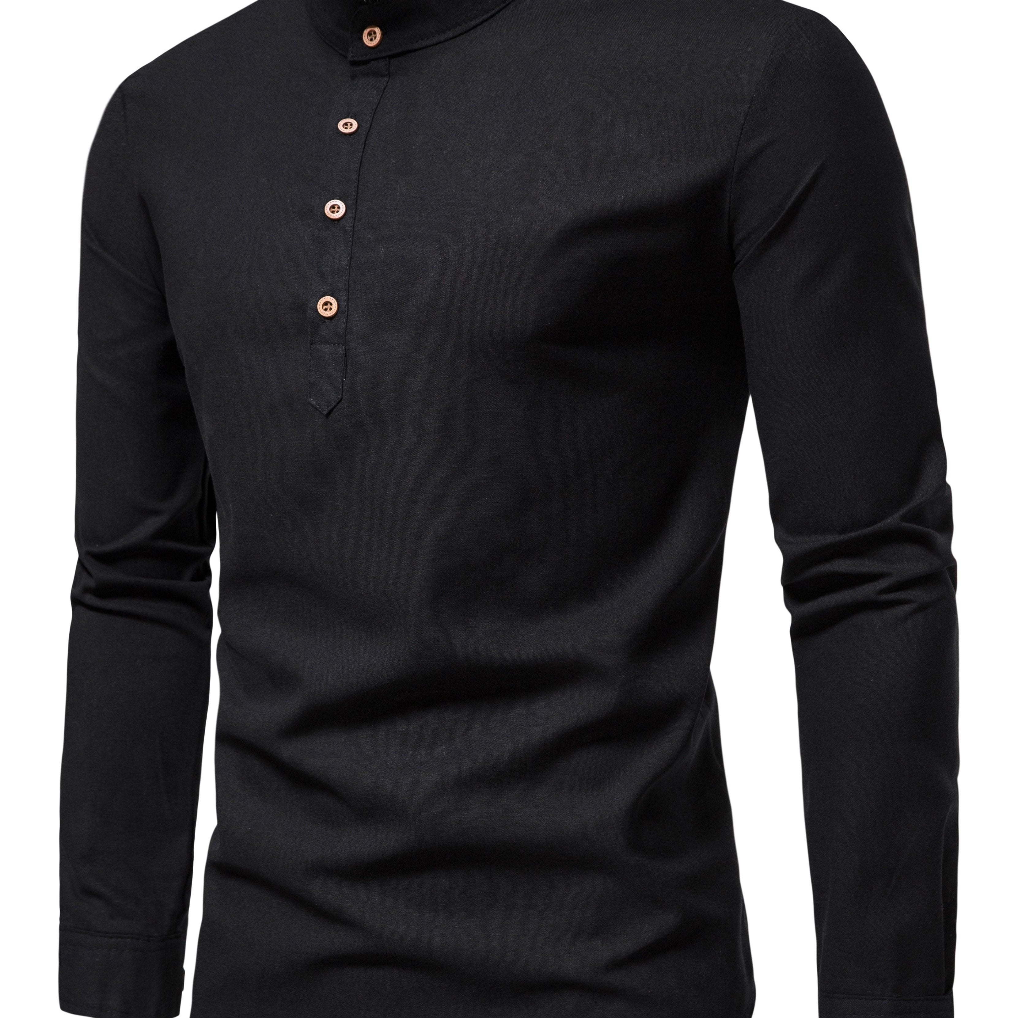 Men's Cotton Solid Long Sleeve Stand Collar Shirt for Summer Outdoor Activities
